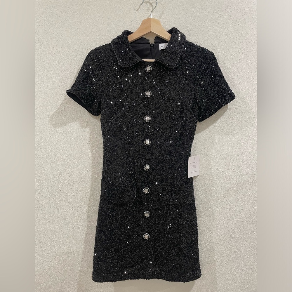 NWT Petal & Pup McKenzie Sequin Black Button Up Collar Mini Dress XS - Picture 7 of 16